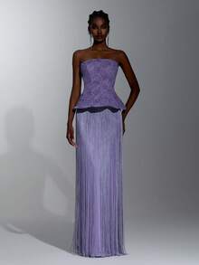 Elitara Elegant Queen Classical Lace 3D Floral Strapless Neckline Internal Boning Splice Tassel Long Dress Formal Wedding Guest Navy Blue Winter - Purple - View 8