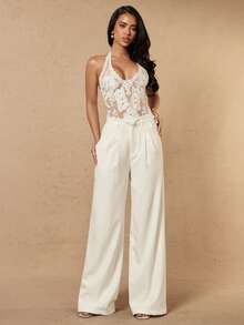 Silquee Women's Floral Embroidered Pattern Sexy Versatile Halter Top Halloween - White - View 3