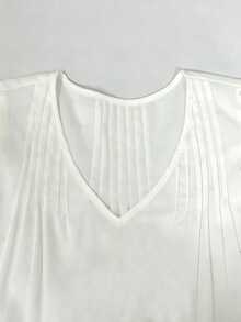 SHEIN Franclia V領百褶蕾絲拼接波點女款上衣 荷葉袖無袖上衣 適合外出與度假 夏季上衣 - 白色 - 查看 7