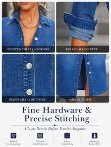 SHEIN Tall Gaun Denim Kasual Wanita dengan Kancing Depan, Pas Badan, untuk Wanita Tinggi - Biru - View 9
