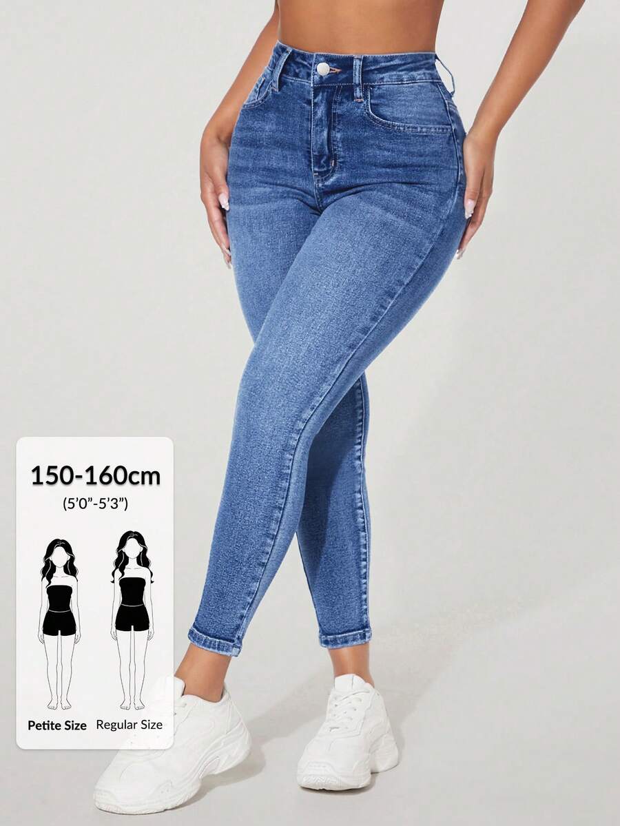 SHEIN PETITE 女款前扣口袋簡約休閒緊身牛仔褲,適合嬌小女性 - 藍色 - 查看 1