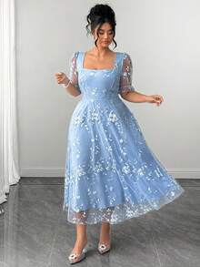 Elenzga Women's Spring/Summer Elegant Square Neck Petal Sleeve Mesh Embroidery Plus Size Dress - Blue - View 1