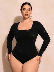 SHEIN SXY 大尺碼女款純色方領長袖亮片時尚連身衣 - 黑色 - 查看 6