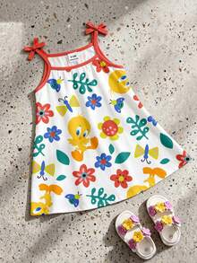 LOONEY TUNES X SHEIN GraphicGems Baby Girl Summer Bow Colorful Floral All-Over Print Spaghetti Strap Dress - Multicolor - View 3