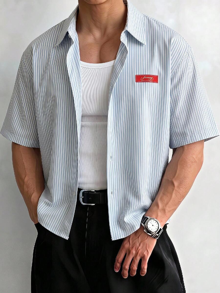 Manfinity BRENVOR 男士休闲条纹短袖衬衫,夏季 - 藍色 - View 1