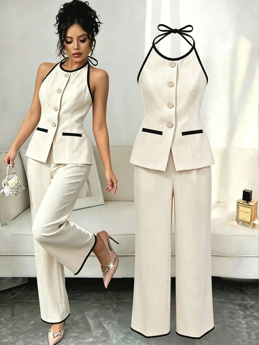 SHEIN Raffinéa 新款時尚優雅拼色飾邊掛脖上衣與長褲兩件式日常百搭通勤套裝 - 杏色 - 查看 1