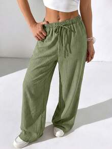 Solflare Spring/Summer Vacation Style Linen Drawstring Tie Pants Plus Size - Army Green - View 3