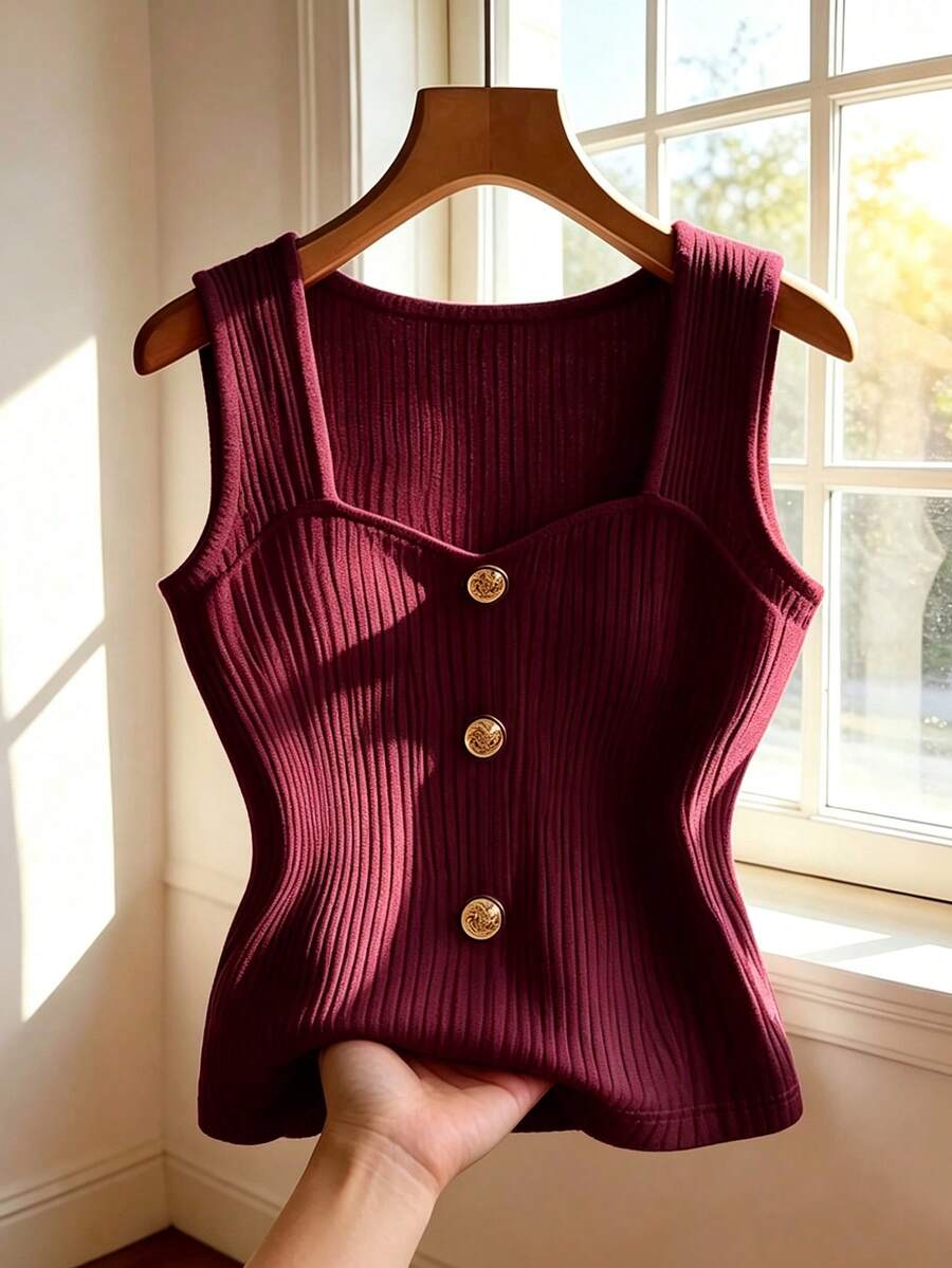 GlowEve CURVE Plus Size Sleeveless Round Neck Front Button Tank Top - Rusty Rose - View 1