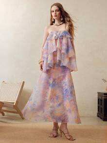 SHEIN Women's Tie-Dye Multi-Layer Ruffle Hem Fashion Spaghetti Strap Dress - Purple - View 4