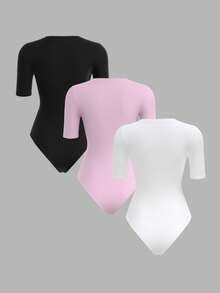 SHEIN BASICS 3件組女款素色針織圓領短袖連身衣夏季套裝 - 彩色 - 查看 2