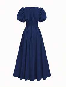Elenzga Elegant Solid Color Petal Sleeve V-Neck Dress - Navy Blue - View 2