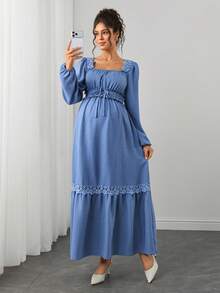 Momance Women's New French Design Ruffle Square Neck Patchwork Elegant Maternity Long Sleeve Dress Autumn Photoshoot Baby Blue - Blue - View 7