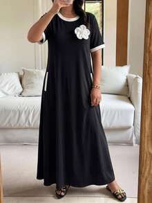 Lacomfia Spring/Summer Elegant Casual Patchwork 3D Floral Patchwork Round Neck Pullover Knit Textured Plus Size Women's Dress - Black and White - View 3