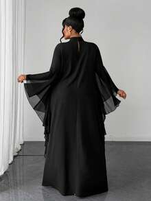 Maweii Plus Size Pure Black Stand Collar Full Skirt Dubai High-End Luxury Drape Double Layer Flutter Sleeve Loose Flattering Dress Fall - Black - View 2