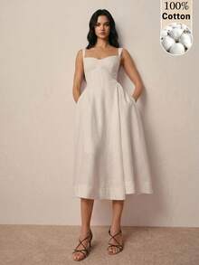 Poéselle Elegantes französisches Midi-Kleid für Damen in Weiß, einfarbig, mit Herz-Ausschnitt, ärmellos, quadratischem Ausschnitt, für Abschlussfeier, Hochzeit, Poolparty und Tagesparty im Sommer - Weiss - Übersicht 8