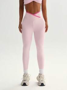 Eassivo Eassivo Women's Sports Leggings, Pink, Tight Fit, 9/10 Length, Criss-Cross Waistband, Color Block Design, For Daily Casual, Running, Yoga, Gym, Tennis, Golf - Pink - View 6