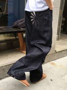 DAZY Navy Blue Long Knee Pleated Design Back Pocket Pattern Embroidered Curved Leg Men's Jeans Fall - Black - View 1