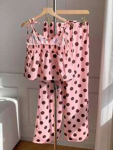 SHEIN EZwear 两件套休闲简约夏季多巴胺波点吊带背心和长裤套装，适合夏季、度假季，波点印花，杜卡迪波点，粉棕色波点。适合度假、旅行、派对、音乐节、返校季、毕业季。 - 彩色 - 查看 2