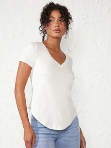 SHEIN BASICS Women Solid V-Neck Short Sleeve Casual Top, Everyday Wear Tops For Women White Tops - White - View 5