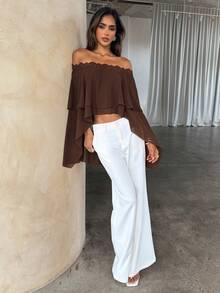 Aloruh Brown Romantic Elegant Date Vacation Vacation Sexy Outing Off-Shoulder Chiffon Lace Patchwork Multi-Layer Ruffle Asymmetrical Women's Blouse Autumn - Brown - View 4