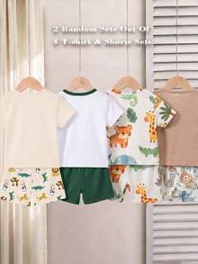 2 Random Sets Out Of 4 T-Shirt & Shorts Sets.Cute Animal Pattern, Striped Pattern, Number Pattern Printed Crew Neck T-Shirt Matched With Same Printed Shorts - Multicolor - View 2
