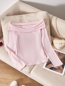 SHEIN Sparklyn ملابس علوية خريفية للفتيات المراهقات بلون موحد، بدون أكتاف، أكمام طويلة، مرنة، ياقة دائرية، جرس، مجعدة، محبوكة - وردي - مشاهدة 2