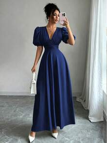 Elenzga Elegant Solid Color Petal Sleeve V-Neck Dress - Navy Blue - View 3