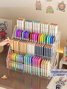 1 Pack Large Capacity Acrylic Clear Transparent Pen Tray Desk Painting Art Marker Storage Organizer Rack Box With Removable Dividers Stackable Lightweight For School Office Back To School Desktop Supplies Stationery Holder - multicolor - View 1
