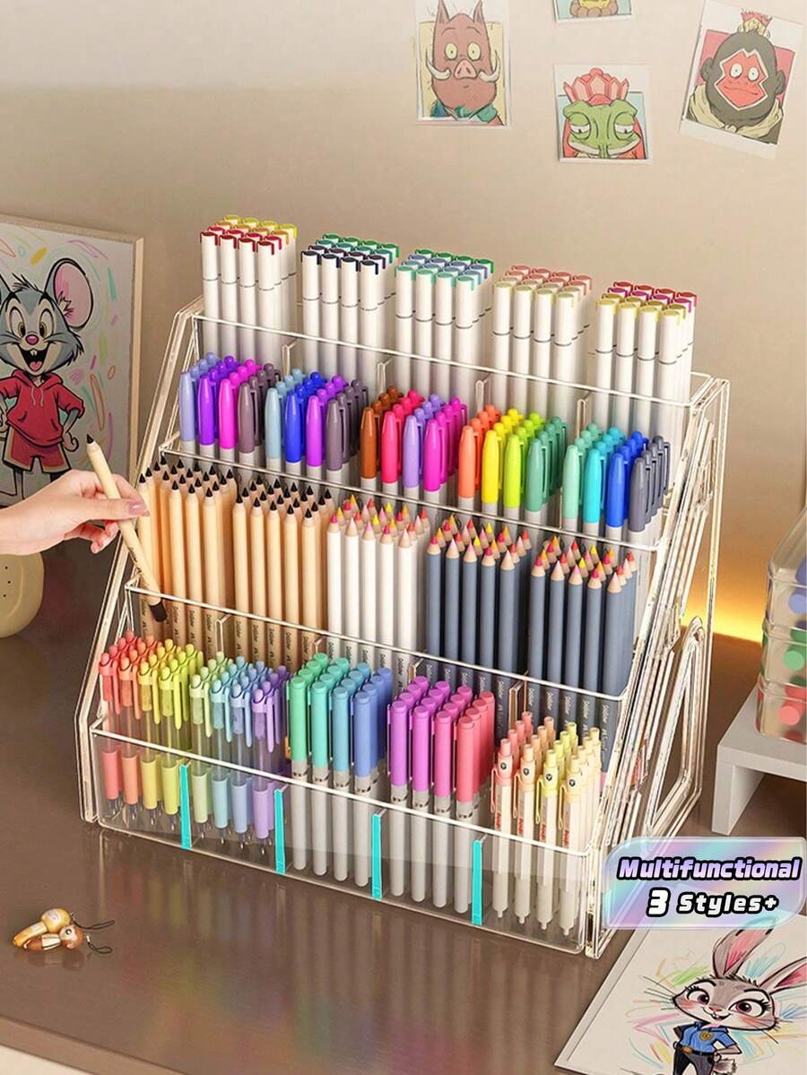 1 Pack Large Capacity Acrylic Clear Transparent Pen Tray Desk Painting Art Marker Storage Organizer Rack Box With Removable Dividers Stackable Lightweight For School Office Back To School Desktop Supplies Stationery Holder - multicolor - View 1