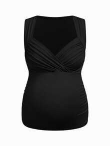 SHEIN 孕婦純色百褶休閒百搭日常穿著上衣 - 黑色 - 查看 7