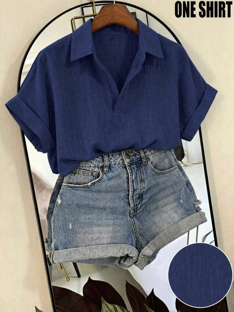 SHEIN Franclia 時尚休閒百搭純色蝙蝠袖短袖襯衫 - 寶藍色 - 查看 1