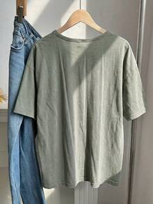 SHEIN EZwear 大码春夏服装，做旧酸洗宽松短袖V领T恤，纯棉面料，春夏款 - 軍綠色 - 查看 2