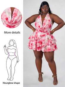 CurvyTilda Plus Size Summer Halter Neck Floral Print Layered Ruffle Dress, Pastoral Romantic, Elegant Vacation, Dreamy Garden Party, Short Summer Dress - Multicolor - View 6