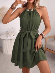 EMERY ROSE Women's Spring/Summer French Elegant Luxury Minimalist High-End Design Casual Bohemian Vacation Office Commute Old Money Style Comfortable Solid Color Faux Linen Fabric Ruched Neckline Beaded Decor Elastic Waist Self-Fabric Belt Cinched Waist A-Line Spaghetti Strap Tie Strap Pocket Short Dress - Army Green - View 5