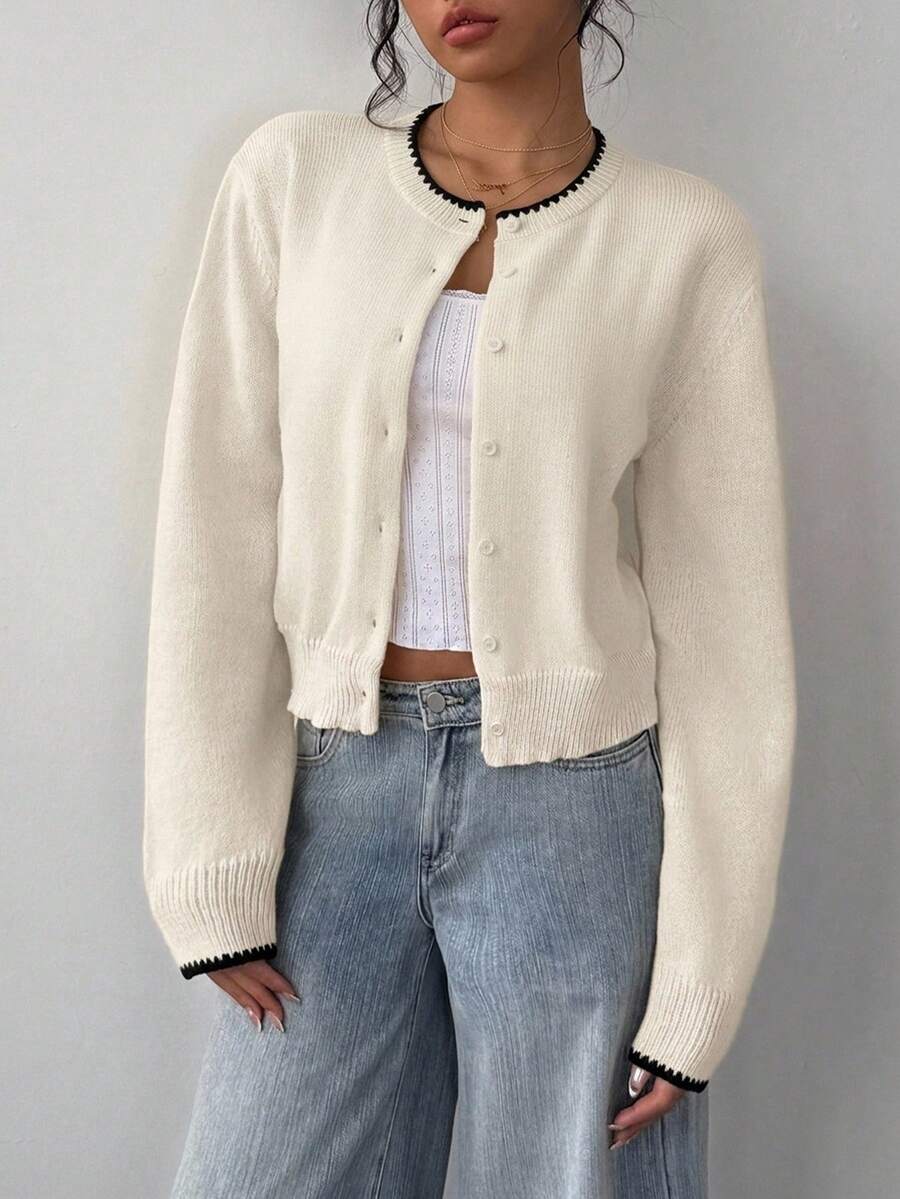 SHEIN BASICS 女款夏季休閒極簡度假風 優雅浪漫復古風 對比色貝殼刺繡領口與袖口開襟衫 通勤 音樂節 海灘 度假 夏季 - 彩色 - 查看 1