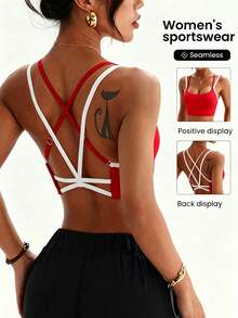 Slayform Slayform Seamless Women's Contrast Color Criss-Cross Back Daily Fitness Modest Athleisure Sports Bra Gym Workout Red And White Plaid Summer - Red - View 1