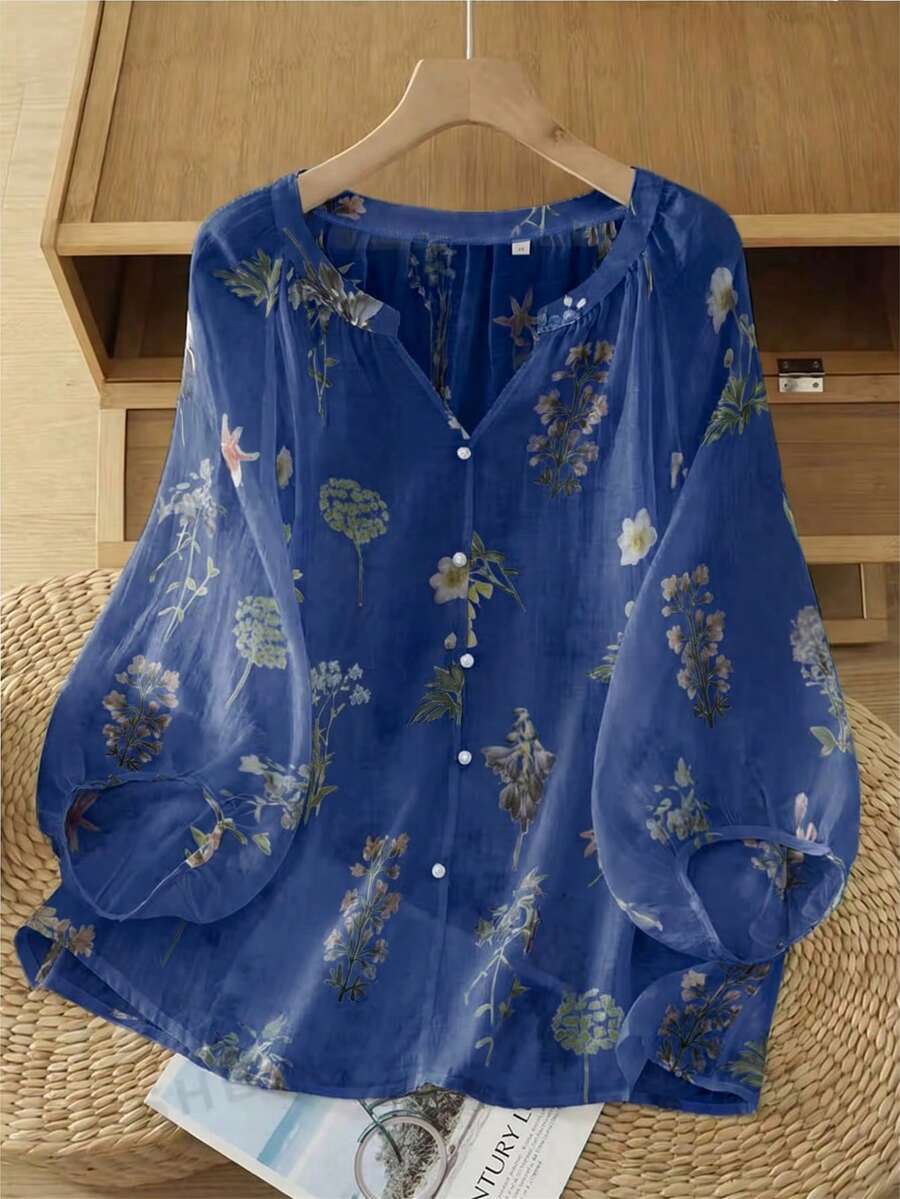 Linhara Vintage V-Neck Lantern Sleeve Loose Casual Plus Size Women Blouse - Navy Blue - View 1