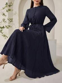 Veilorie New Fabric Ruched Texture Spaghetti Strap Slimming A-Line Flowy Beach Vacation Casual Party Dress - Navy Blue - View 2