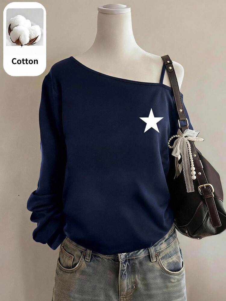 SHEIN Girlism Teen Girl Star Print Asymmetrical Collar Autumn Sweatshirt - Navy Blue - View 3