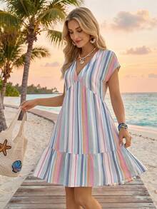 SHEIN LUNE 復古彩色條紋印花V領女款短洋裝 - 彩色 - 查看 5