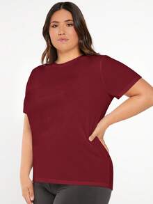 SHEIN BASICS 大尺碼純色圓領T恤夏季上衣 - 酒紅色 - 查看 5