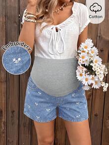 SHEIN 孕婦刺繡時尚百搭開衩牛仔短褲 - 藍色 - 查看 9
