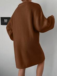 EURMUSE Solid Color Round Neck Drop Shoulder Ribbed Knit Sweater Dress - Mustard Yellow - View 2