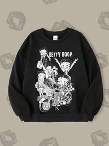 Betty Boop x SHEIN Áo thun cổ tròn tay dài in hình chữ và hoạt hình dành cho nữ - màu đen - Xem 1