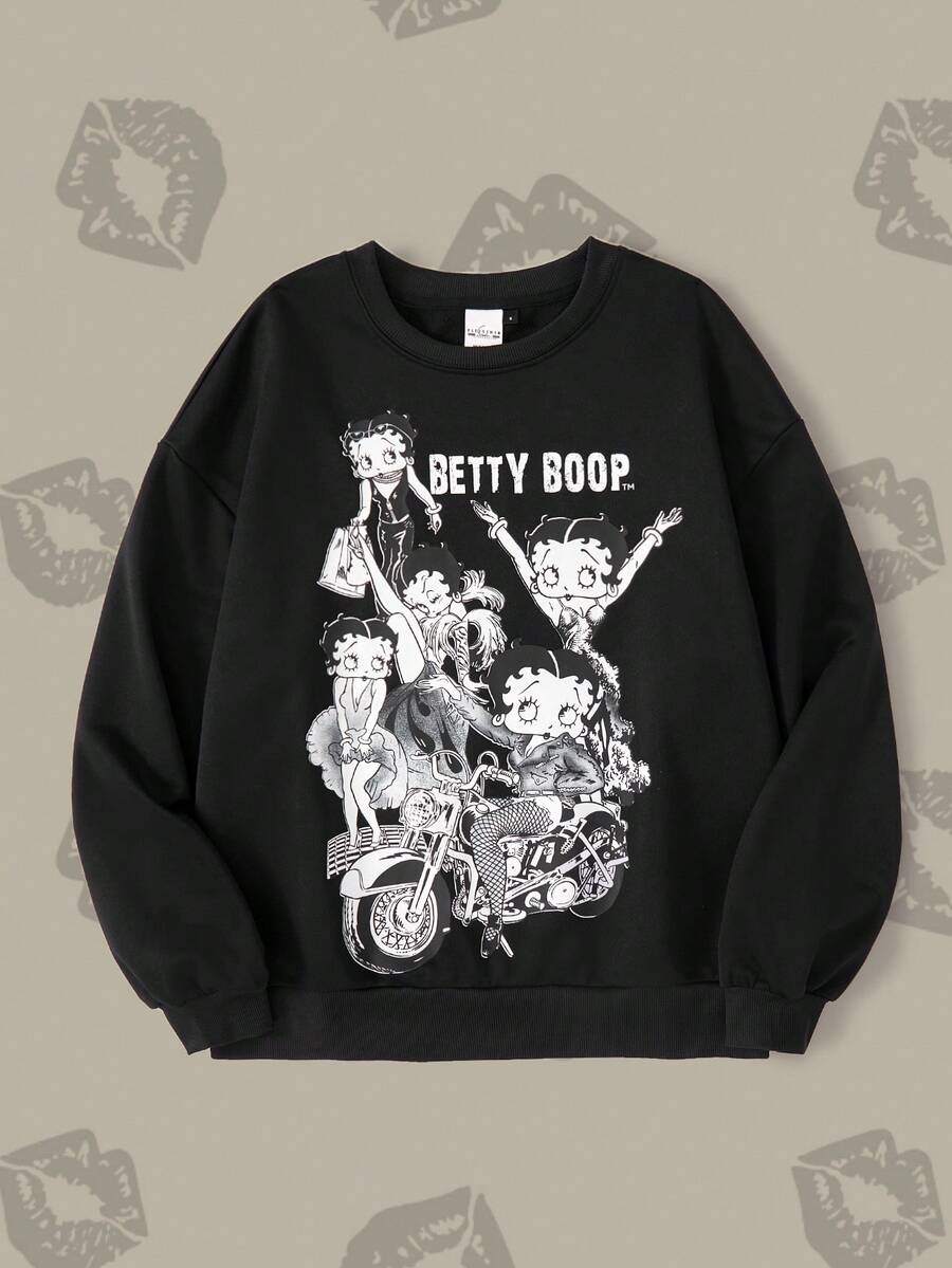 Betty Boop x SHEIN Áo thun cổ tròn tay dài in hình chữ và hoạt hình dành cho nữ - màu đen - Xem 1