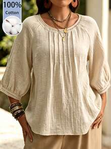 SHEIN LUNE CURVE Plus Size Women's Casual Comfortable Round Neck 3/4 Sleeve Shirt, Summer Fall - Apricot - View 5