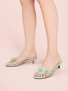 CUCCOO DOLLMOD Zapatillas de estilo francés elegantes, cómodas y versátiles para ir al trabajo, con tacón bajo, punta redonda, diseño de gatito y dama, punta abierta, para clima frío - Verde manzana - Ver 3