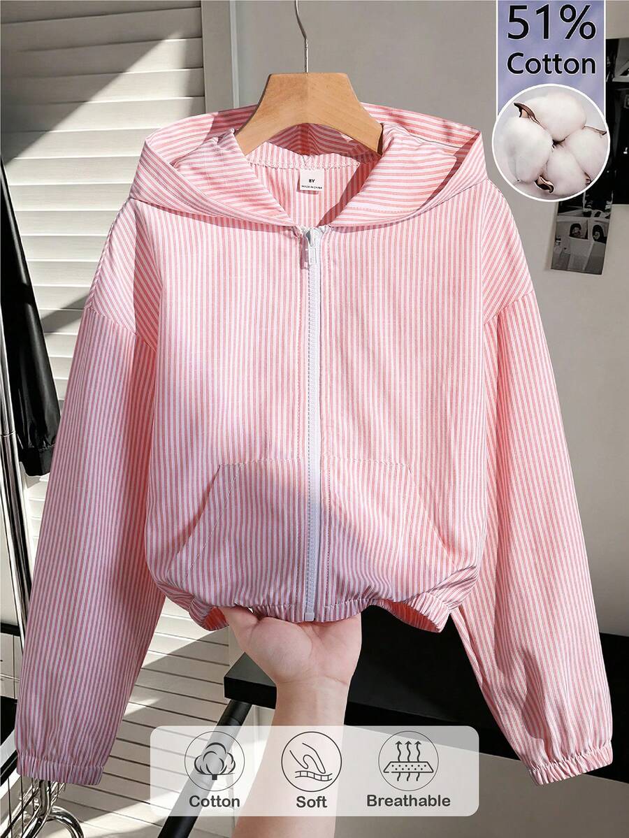 SHEIN 青少年女孩時尚條紋拉鍊長袖口袋連帽外套