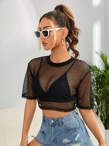 SHEIN ICON Top De Malla Sólida Corto Y2k Sin Sostén - Negro - Ver 5