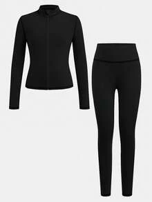 SHEIN Serisse Kids Tween Girl Casual Modest All Black Line Yoga Sports Slim Fit Zip-Up Stand Collar Knit Solid Color Top High Waist Leggings Set Summer - Black - View 4